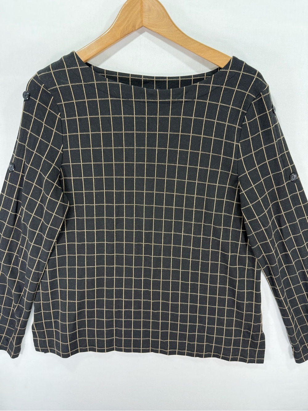 J. Jill Ponte Windowpane Button-Sleeve Top Black & Gold Medium
